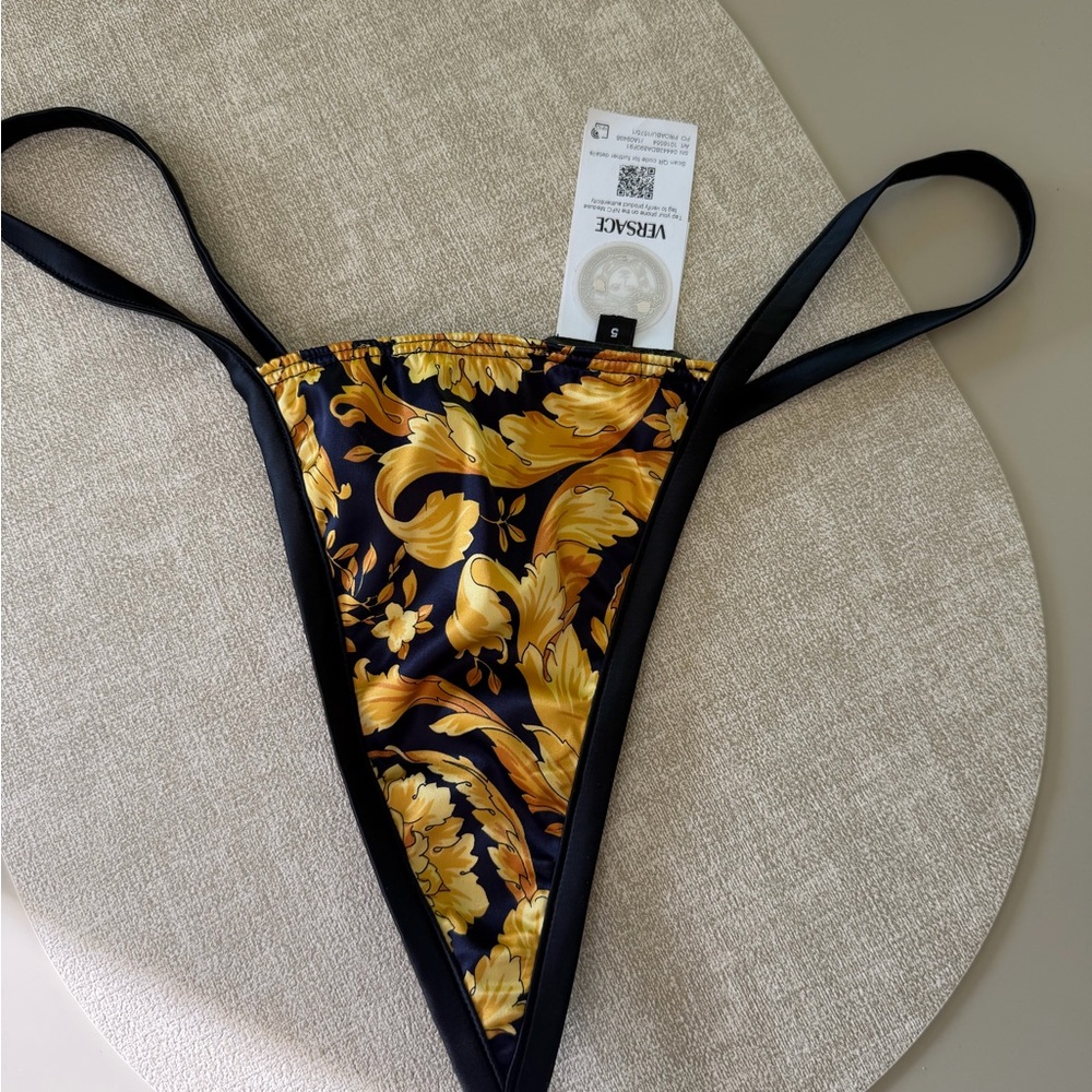 Versace Black & Gold Baroque Thong Bikini Bottom